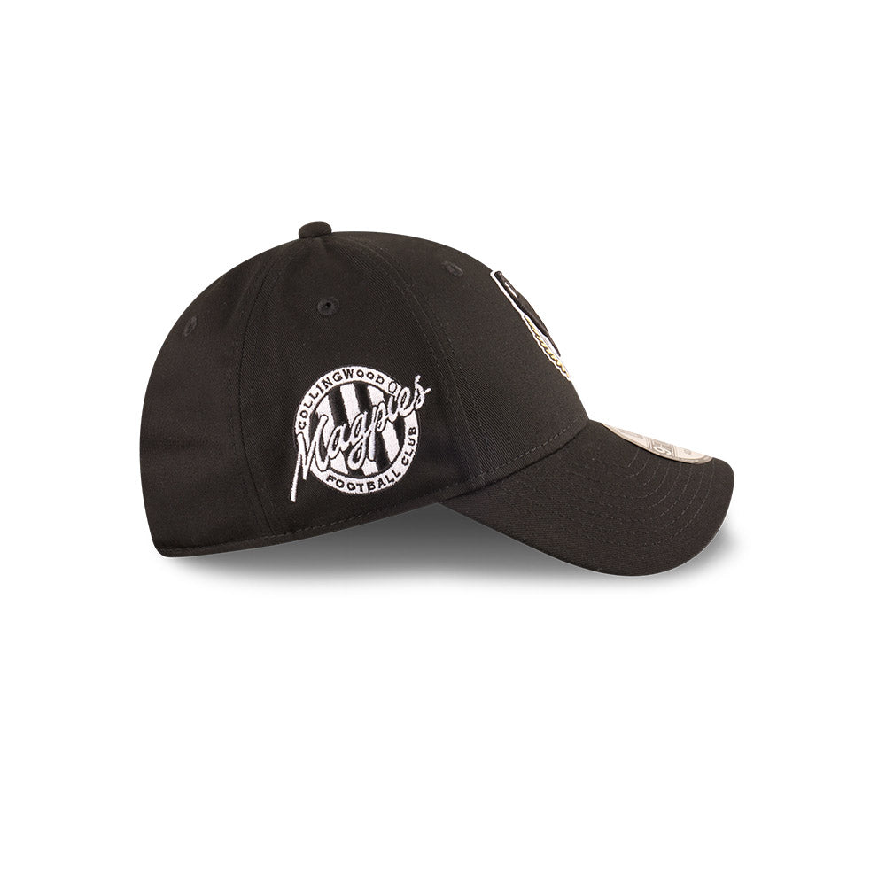 Collingwood Magpies Youth Hat - AFL 2025 Badged Black OTC 9Forty Kids Strapback Cap - New Era
